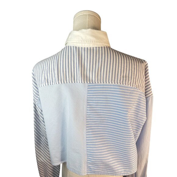 2/$30 ZARA M Cropped Blue & White Striped Cotton Button-Up Shirt Collared Neck - Picture 10 of 12